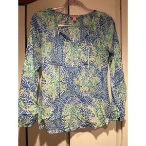 LILLY PULITZER Womens XXS Green Teal Blue Long Sleeve Shirt Top Blouse